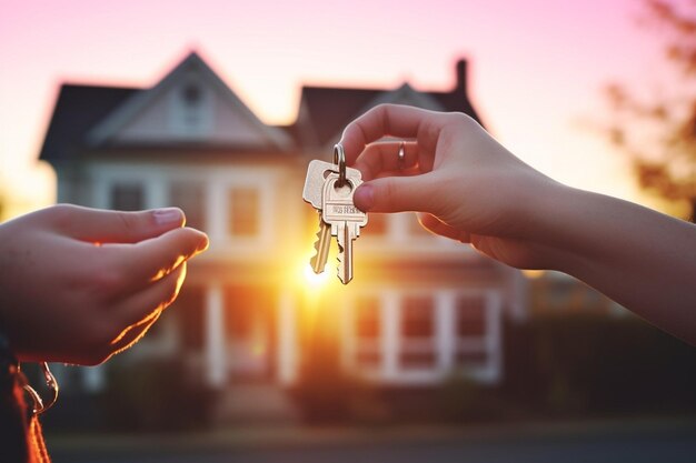 Proprietários de casas de IA generativa Feliz jovem casal caucasiano esposa e marido segurando a casa do carro