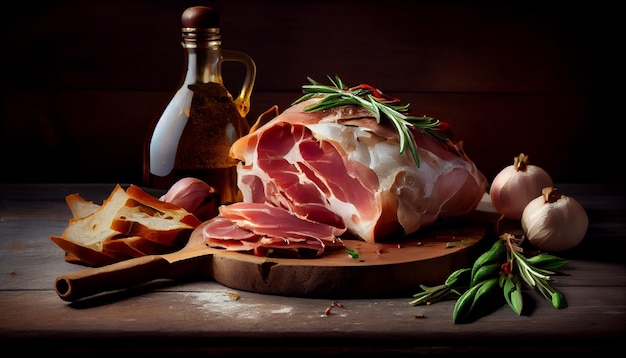 Prosciutto crudo oder Jamon mit Rosmarin und Olivengenerativer ai