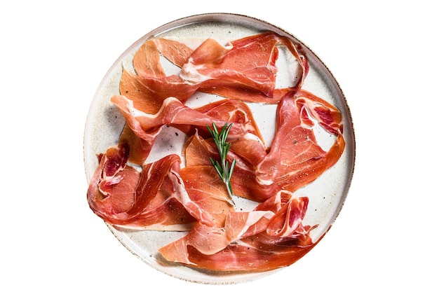 Prosciutto crudo salami italiano jamón de Parma plato antipasto aislado sobre fondo blanco.
