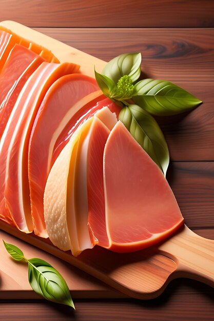 Prosciutto em fatias numa tábua de madeira