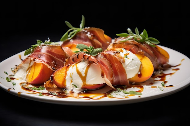 Prosciutto grelhado, pêssegos embrulhados com Burrata, sobremesa italiana