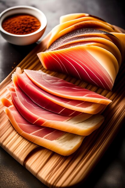 Prosciutto en rodajas sobre una tabla de madera