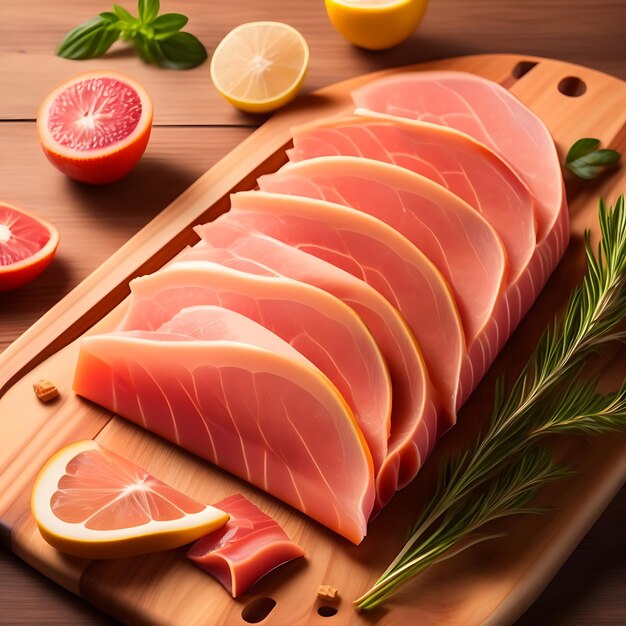 Prosciutto en rodajas sobre una tabla de madera