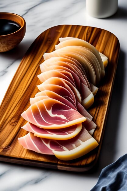 Prosciutto en rodajas en una tabla de madera