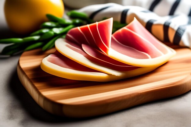 Foto prosciutto en rodajas en una tabla de madera