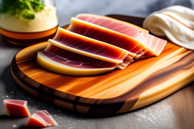 Prosciutto en rodajas en una tabla de madera