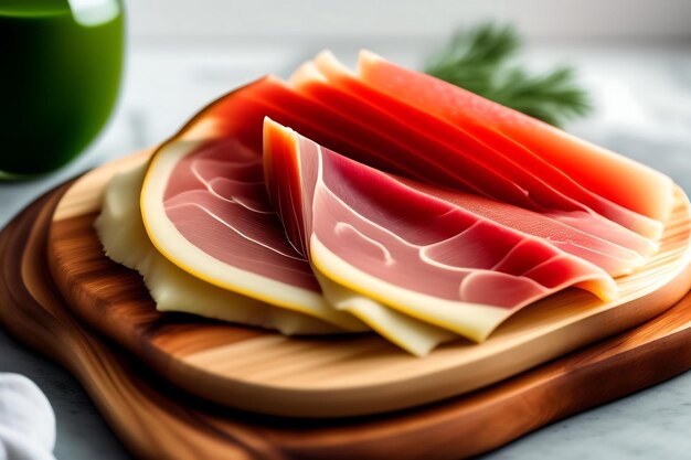 Foto prosciutto en rodajas en una tabla de madera