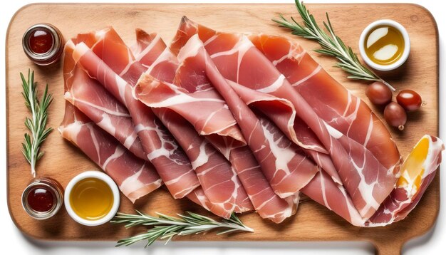 Prosciutto tradicional Crudo Parma presunto antipasto italiano em uma tábua de cortar