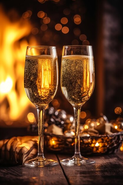 Proseco de vinho espumante ou champanhe em frente a uma lareira em uma celebração de véspera de feriado Feliz Natal, Feliz Ano Novo e Boas Festas, ideia