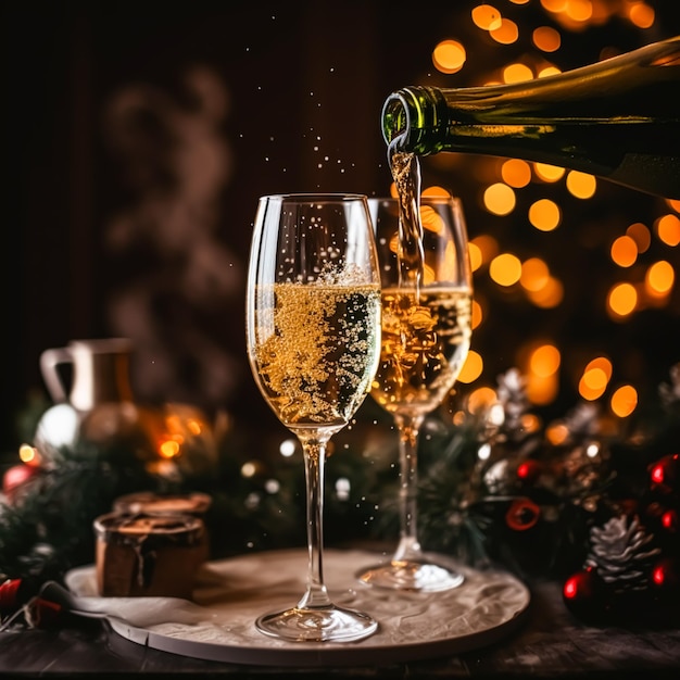 Proseco de vinho espumante ou champanhe em frente a uma lareira em uma celebração de véspera de feriado Feliz Natal, Feliz Ano Novo e Boas Festas, ideia