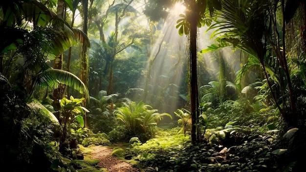 Prósperos bosques tropicales con abundante vegetación y luz solar. IA generativa