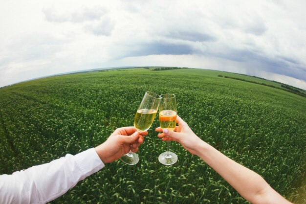 Prost! Schließen Sie oben von den besten Freunden, die mit Gläsern Wein klirren und auf Schneeflockenhintergrund rösten