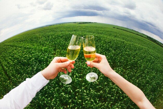 Prost! Schließen Sie oben von den besten Freunden, die mit Gläsern Wein klirren und auf Schneeflockenhintergrund rösten