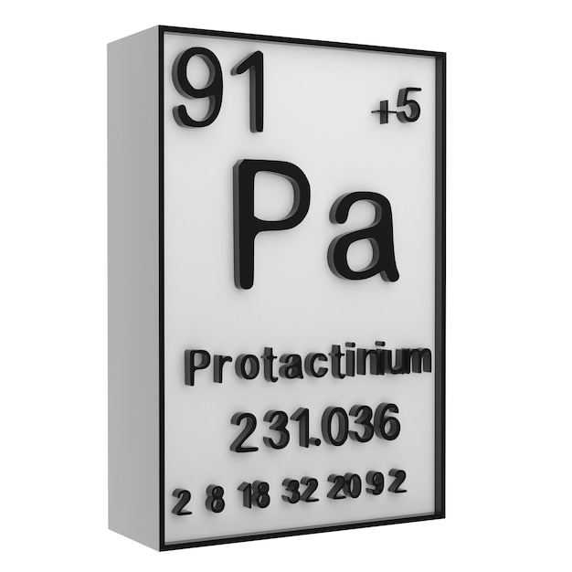 ProtactiniumPhosphor auf dem Periodensystem der Elemente auf weißem schwarzem Boden Geschichte der chemischen Elemente repräsentiert die Atomnummer und das Symbol3d-Rendering