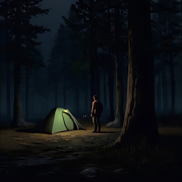 El protagonista comienza a acampar solo en la oscuridad de la noche generada por la IA