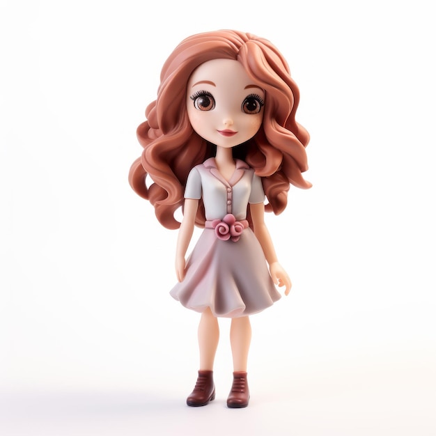 Protagonista jovem Uma boneca animada parecida com um brinquedo com cabelo ondulado