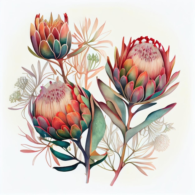 Protea-Blume lokalisierte afrikanische Protea, die nachgemachte abstrakte generative KI-Illustration zeichnet