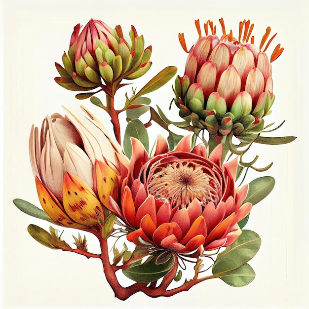 Protea Flor Aislado Africano Protea Dibujo Imitación Resumen Generativo AI Ilustración