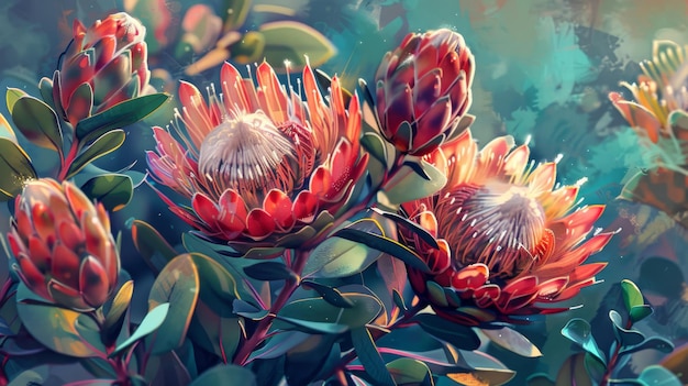 Foto proteas en flor en una pintura digital