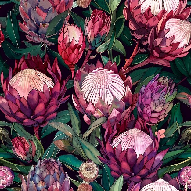 Foto las proteas púrpuras y rojas están en flor las cuentas oscuras acentúan las flores las flores son de diferentes