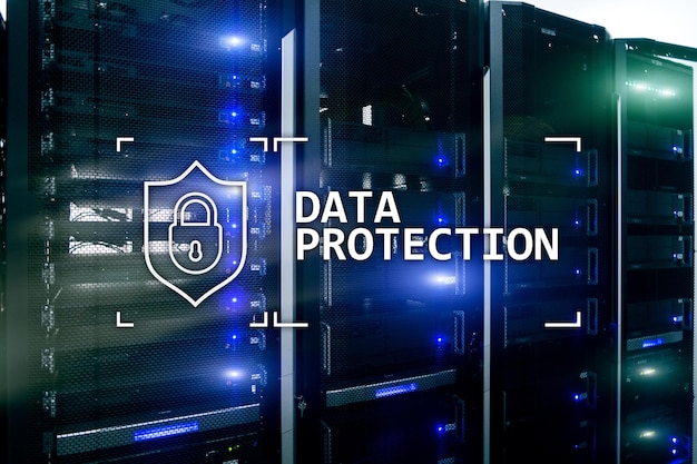 Proteção de dados Privacidade de informações de segurança cibernética Conceito de Internet e tecnologia Fundo da sala do servidor