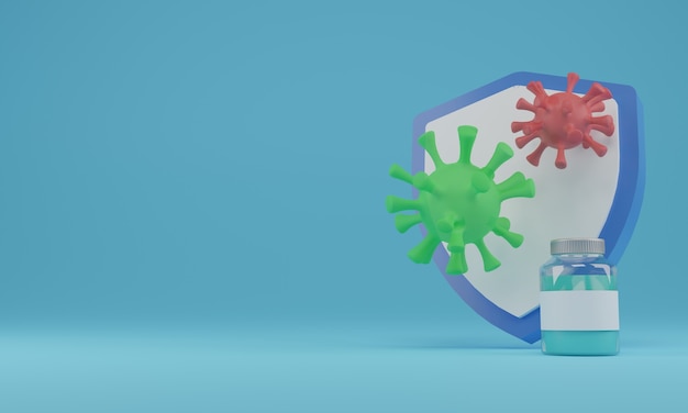 Foto proteção de proteção contra vírus, renderização em 3d com fundo azul