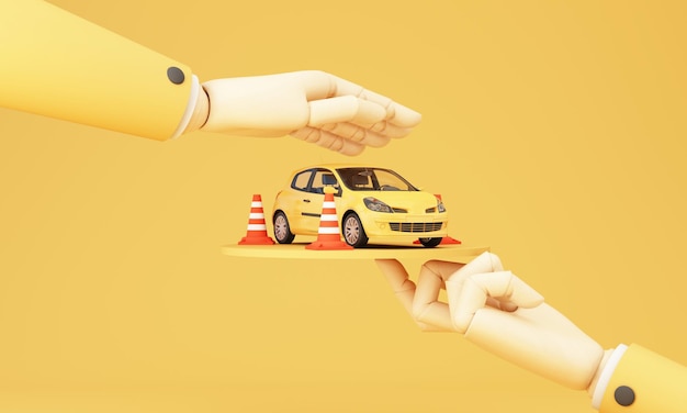 Protección de automóviles y garantía de seguridad concepto seguro de automóviles diseño de banner web automóviles bajo la mano proteger con cono de tráfico y mano de negocios en fondo amarillo dibujos animados renderización 3D realista