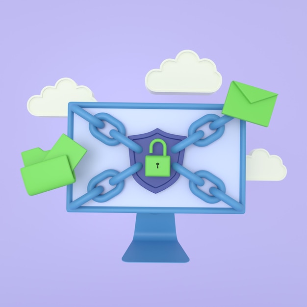 Protección de datos personales en Internet Icon 3D de un monitor con cadenas de bloqueo y nube