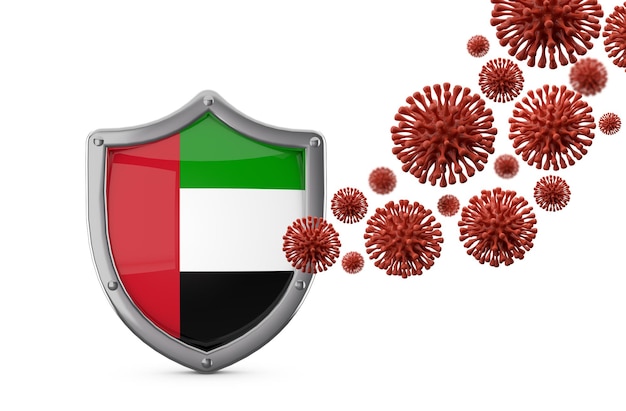 Protección del escudo de la bandera de los Emiratos Árabes Unidos contra un virus bacteria d render