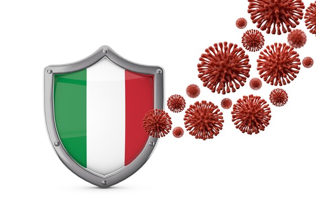 Protección de escudo de bandera de Italia contra un virus bacteria d render