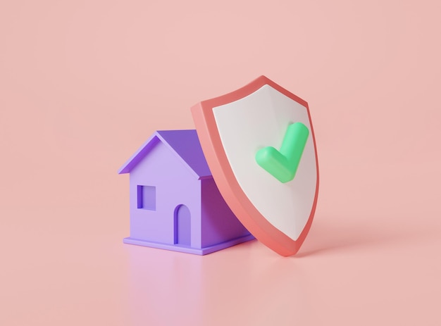 Protección del hogar con escudo y marca de verificación sobre fondo rosa Seguro de hogar de seguridad Smarthome Seguro para bienes raíces protección de la propiedad privada concepto seguro del hogar 3d renderizar ilustración