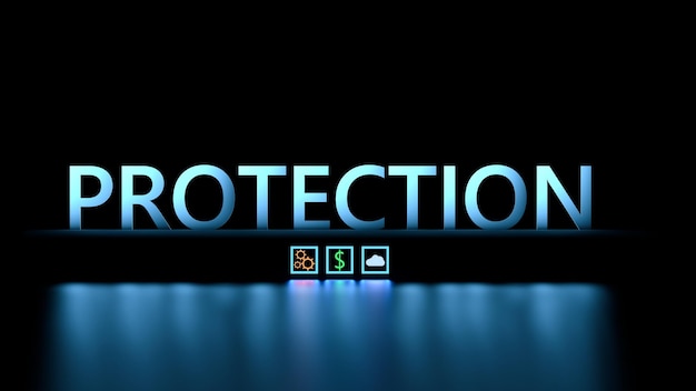 PROTECCIÓN palabra concepto Protección nube finanzas personalización Seguridad de datos confidenciales finanzas en Internet 3D render