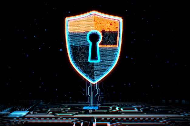 Protección de red y concepto de seguridad cibernética con escudo digital con cerradura interior conectada al circuito interior en representación 3D de fondo oscuro abstracto