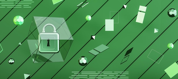 Foto protección web moderna amplio fondo verde con candado y otros iconos seguridad segura y concepto de navegador web 3d renderin