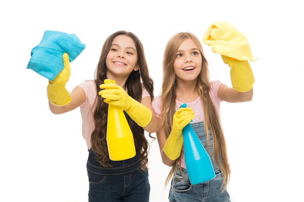 Protegendo sua casa da sujeira. Pequenas donzelas tirando o pó e limpando a casa. Pequenos donos de casa segurando frascos de spray e limpadores com luvas de borracha. Serviços de aspiração e polimento domésticos.