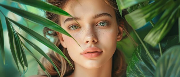 Protegida por la exuberante vegetación, una joven con ojos verdes cautivadores refleja un sereno oasis tropical. Su mirada es tan acogedora como el mundo natural que la abraza.