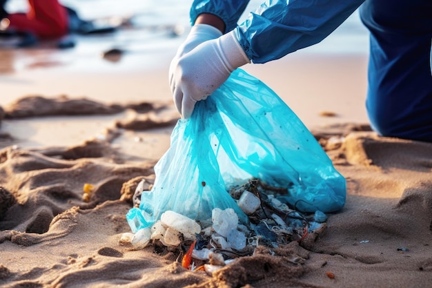 Foto protegiendo al hombre del mar voluntarios para recoger la basura en la playa