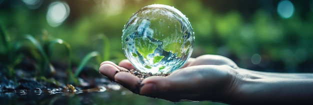 Protegiendo nuestro planeta Una mano que sostiene un globo de cristal de la Tierra