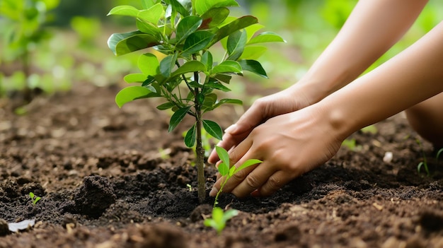 Foto protegiendo nuestro planeta primer plano de una persona plantando un árbol joven