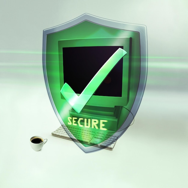 Proteja la computadora y verifique si hay datos o información seguros de seguridad cibernética en la web por antecedentes de estudio Seguridad cibernética de PC y programación con logotipo holográfico 3d para tecnología de malware y protección antivirus