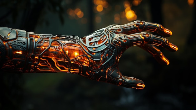 Prótese de braço biônico futurista com tecnologia robótica no fundo da natureza Generative Ai