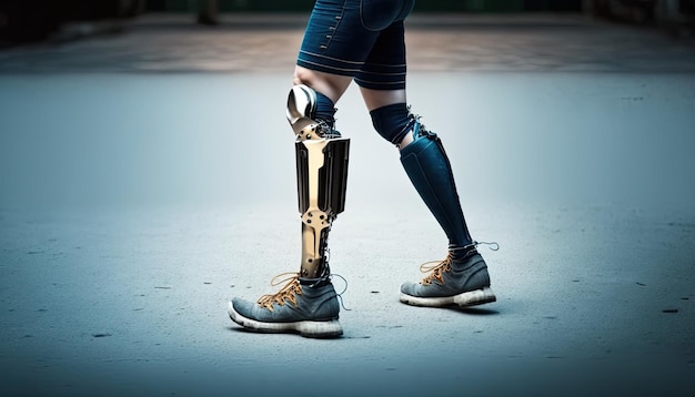 Prótese de pernas femininas caminhando ao ar livre no parque da cidade mulher amputada usando pernas protéticas