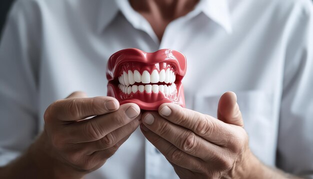 Próteses de dentes nas mãos de um homem