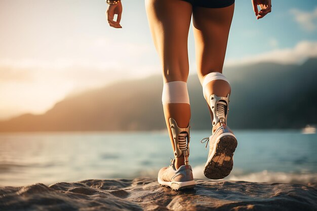 Próteses nas pernas de uma jovem deficiente Uma mulher posa em uma praia rochosa