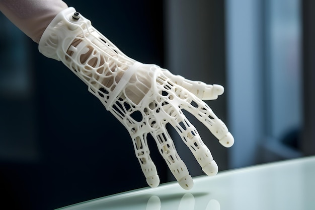 Foto prótesis biónica una mano humana artificial creada utilizando impresión 3d e inteligencia artificial partes artificiales de alta tecnología del cuerpo humano tecnologías del futuro