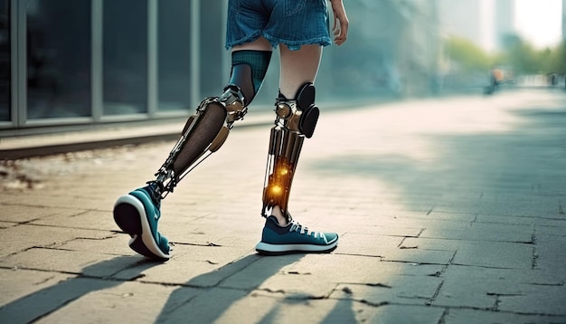 Foto prótesis de piernas femeninas de cerca caminando al aire libre en el parque de la ciudad mujer amputada con piernas protésicas