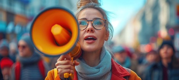 Protest-Megafon und Rede einer wütenden schwarzen Frau bei einer Kundgebung Lautsprecher