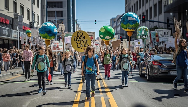 Foto protesta ambiental centrada en activistas y pancartas que piden acción sobre el cambio climático