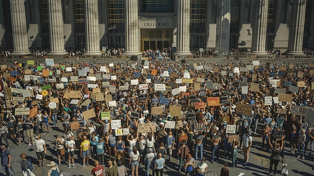Protesta de la multitud en el paisaje urbano