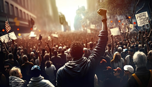 Protestando multitud de personas en las calles de la ciudad con el puño levantado vista trasera marcha de protesta nacional contra la guerra